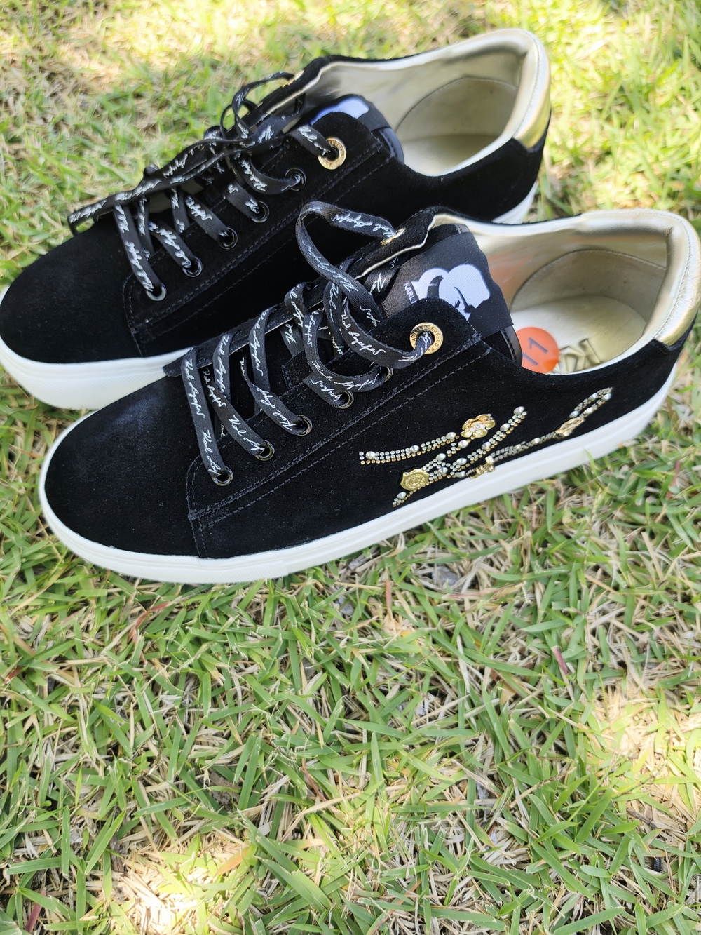 Karl Lagerfeld Black and Gold Embellished Suede Sneakers